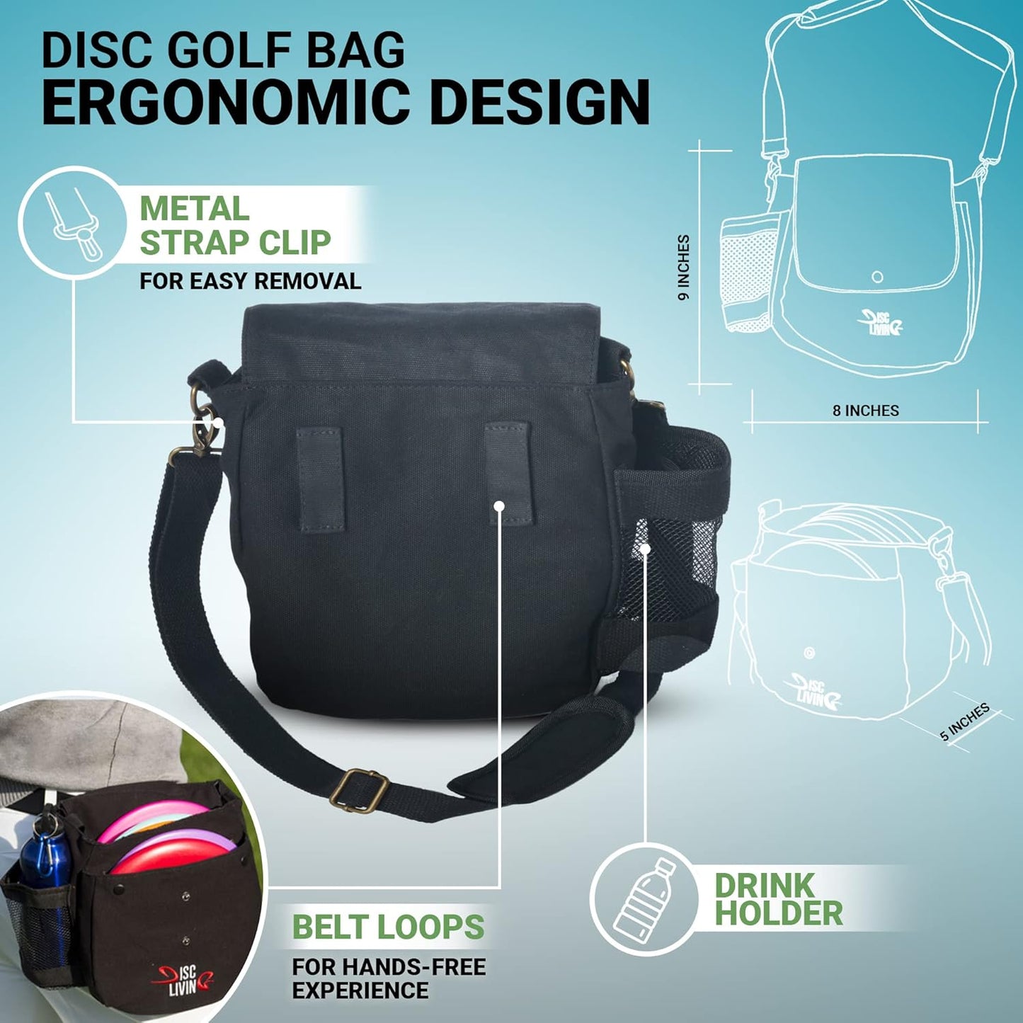 Disc Golf Bag | Frisbee Golf Bag | Easy to Carry | Lightweight Fits up to 10 Discs | 16 Oz Waxed Canvas Sturdy Design | Belt Loop | Double Button Design | Bottle Holder